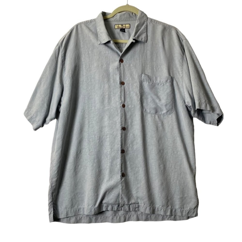 Tommy Bahama Men 100% Silk Blue Hawaiian Wood Button Front Shirt‎ Sz Large